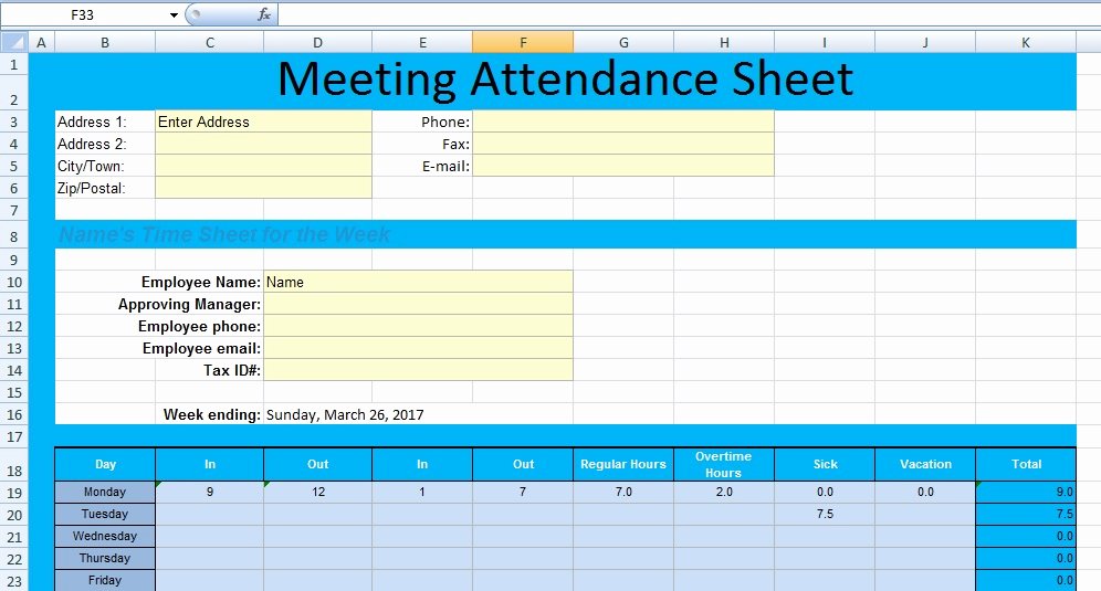 Get Meeting attendance Spreadsheet format Excel