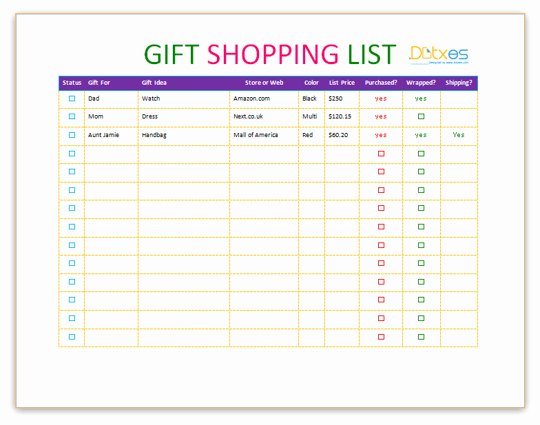 Gift Shopping List Template Dotxes