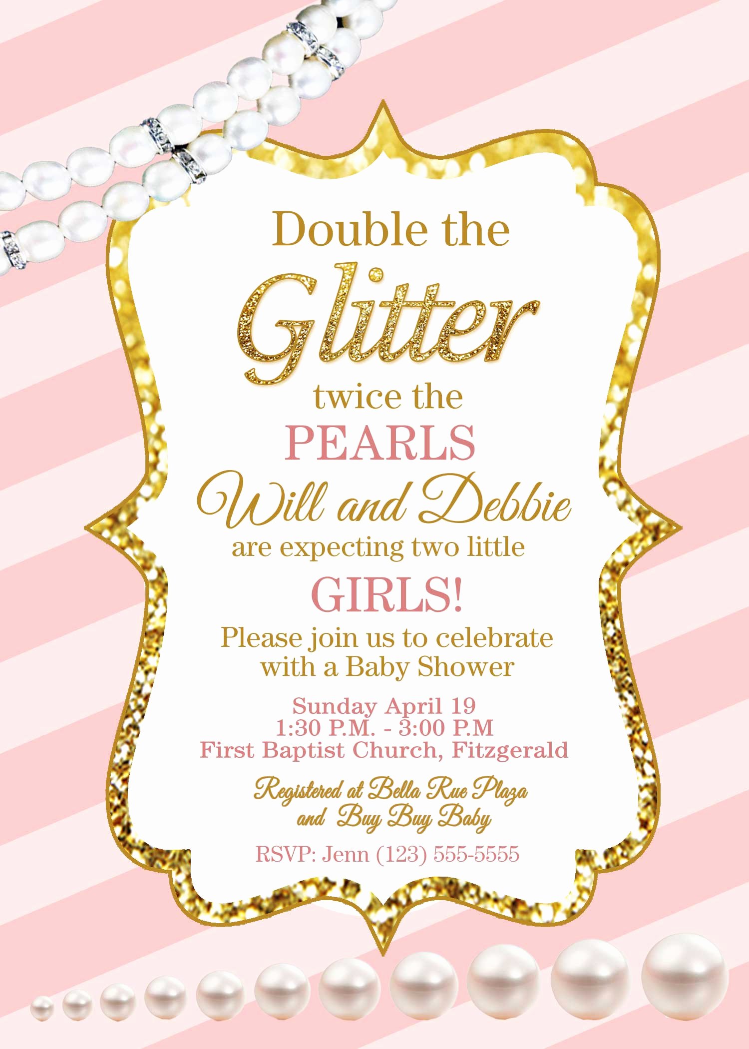 Giltter and Pearls Pink and Gold Baby Shower Invite