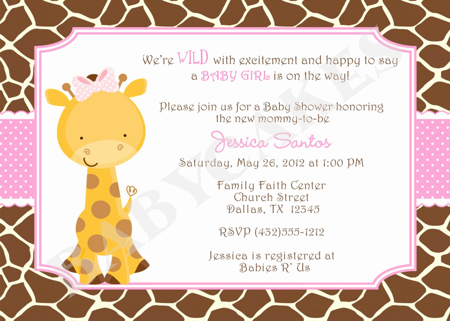 Girl Giraffe Baby Shower Invitation Invite Giraffe Invitation