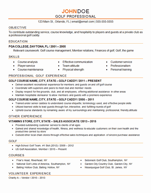 Golf Professional Resume Example Caddy Instructor