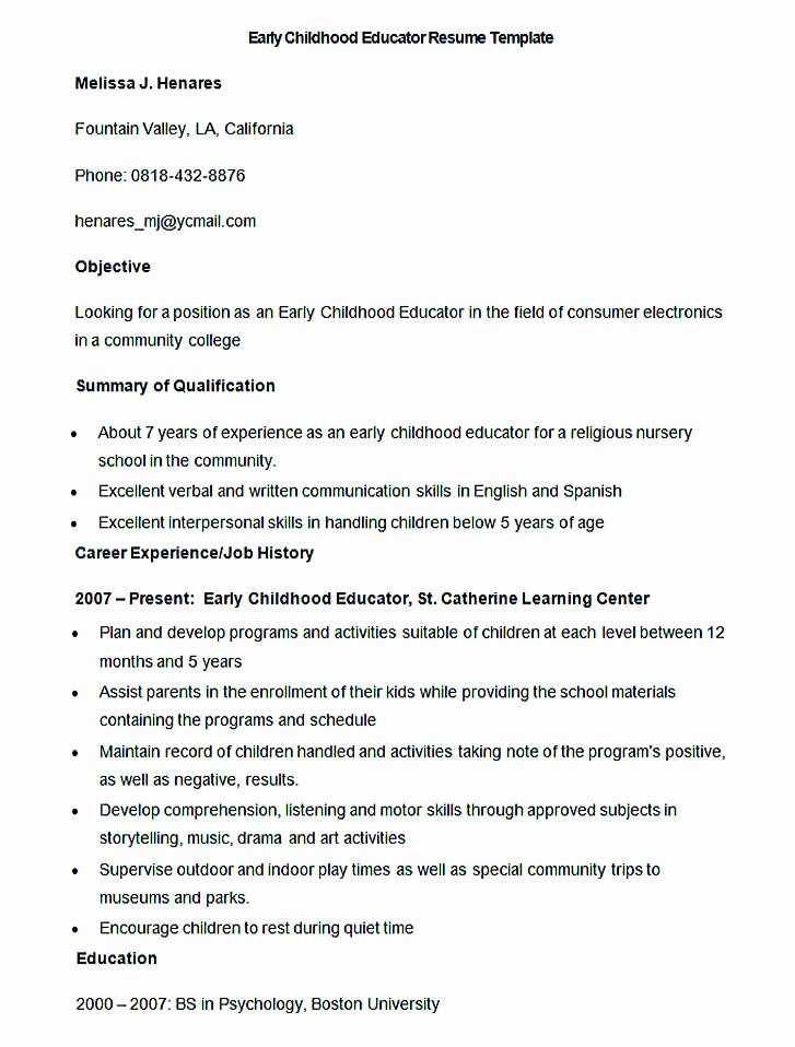 Early Childhood Education Resume Objective Latter Example Template