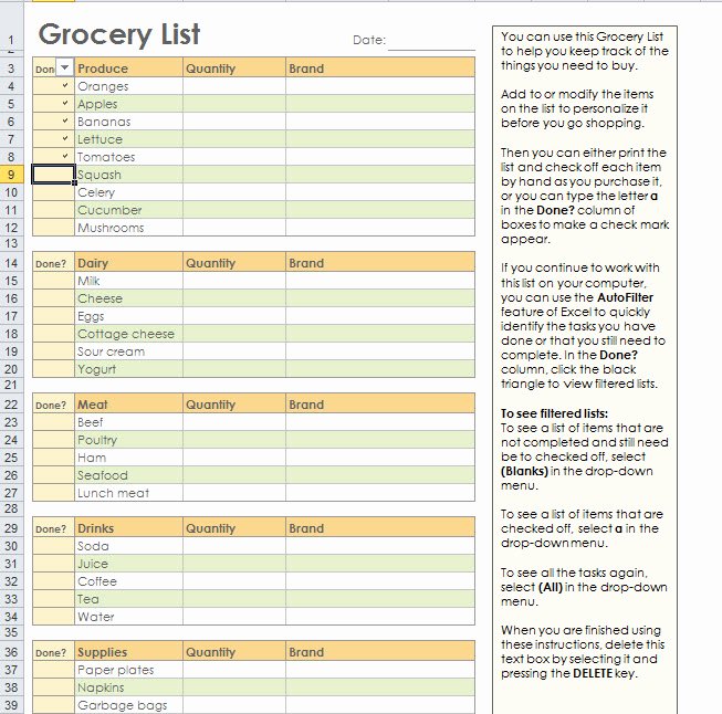 Grocery List Template Excel