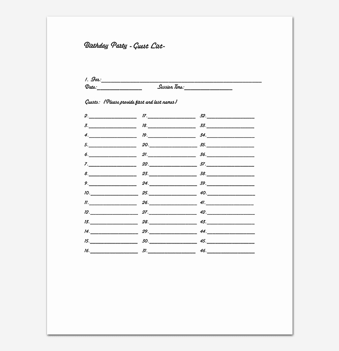 Guest List Template 22 for Word Excel Pdf format