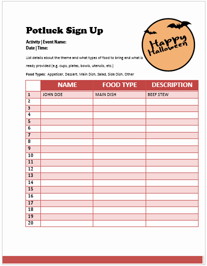 Halloween Potluck Sign Up Sheet Printable – Festival