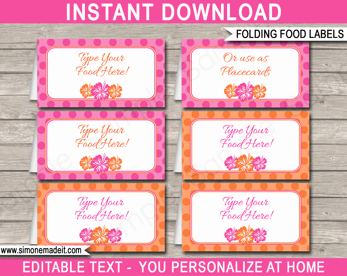 Hawaiian Luau Party Food Labels Place Cards