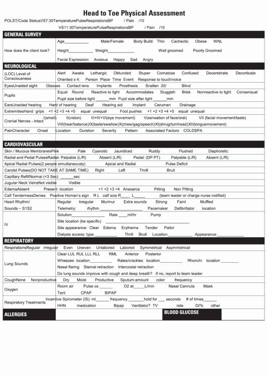 Head to toe Physical assessment form Printable Pdf