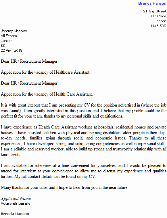 Health Care assistant Cover Letter Example Icover