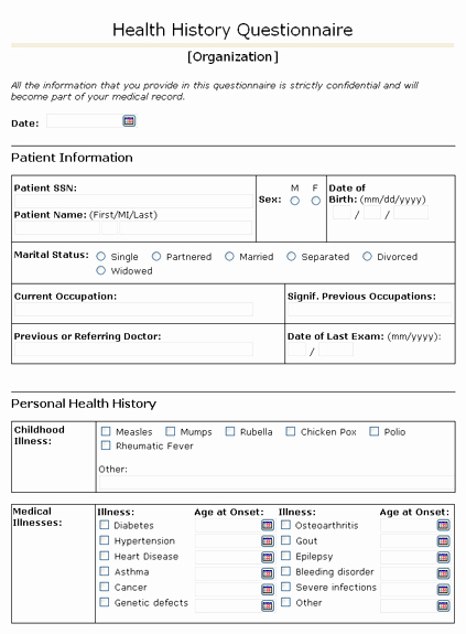 Health History Questionnaire with Free form List for