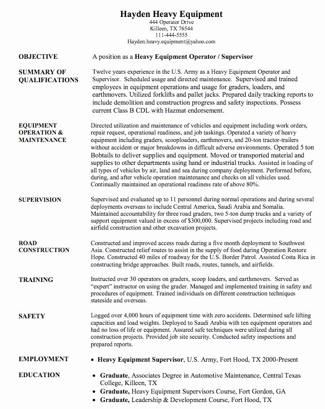 Heavy Equipment Operator Sample Resume