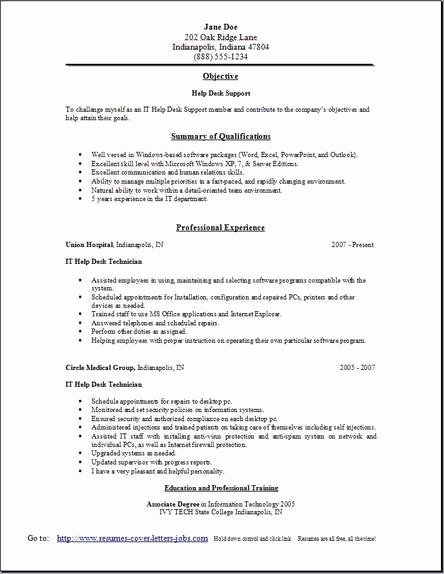 Help Desk Support Resume Occupational Examples Samples