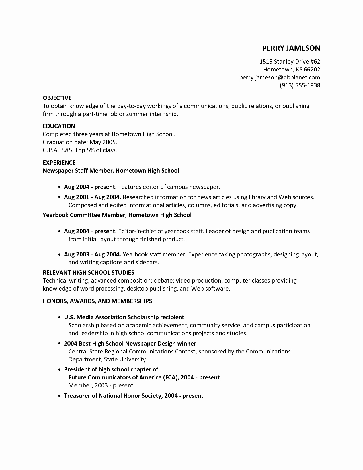 High School Resume Resume Cv Example Template
