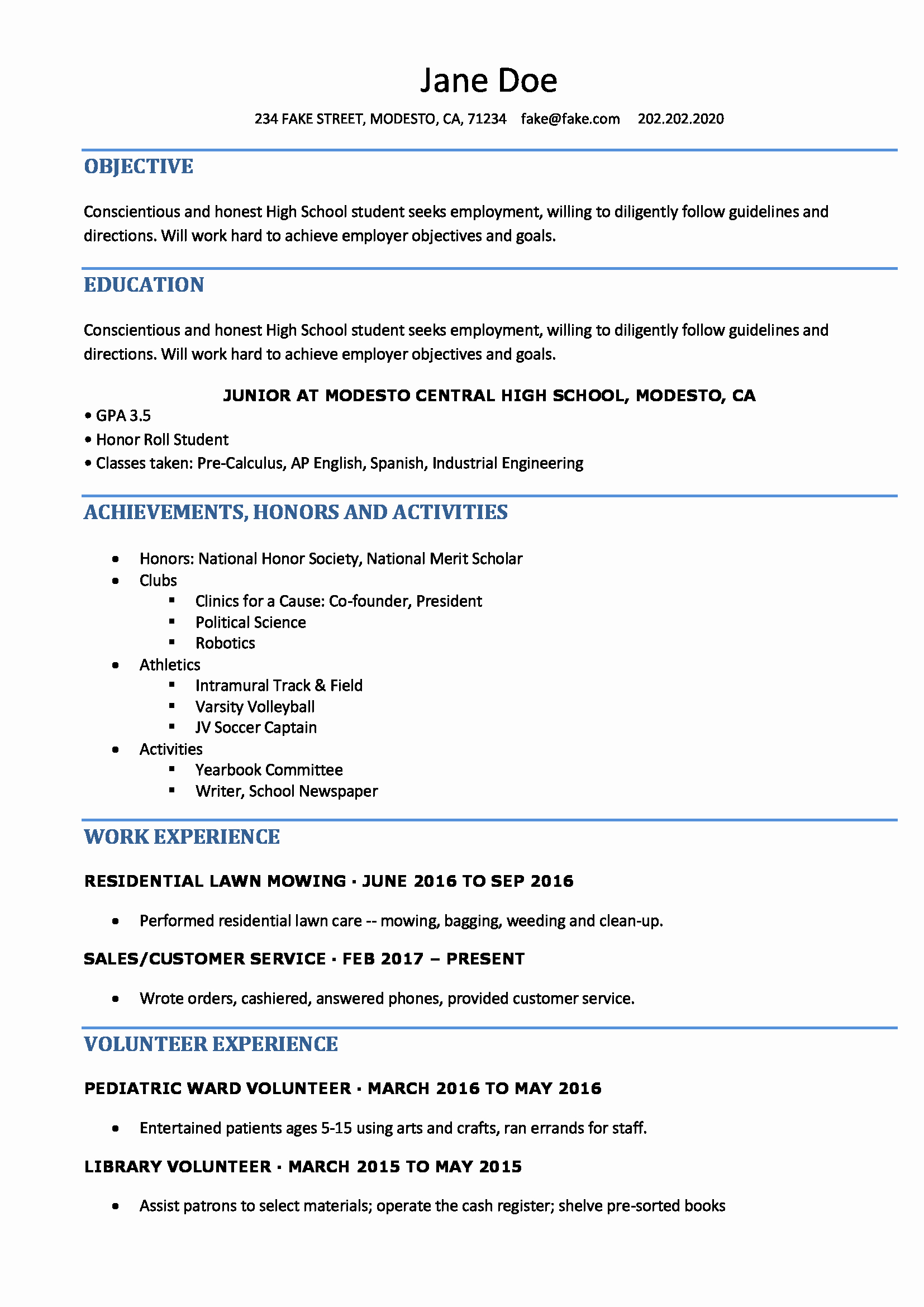 High School Resume Resumes Perfect for High School Students
