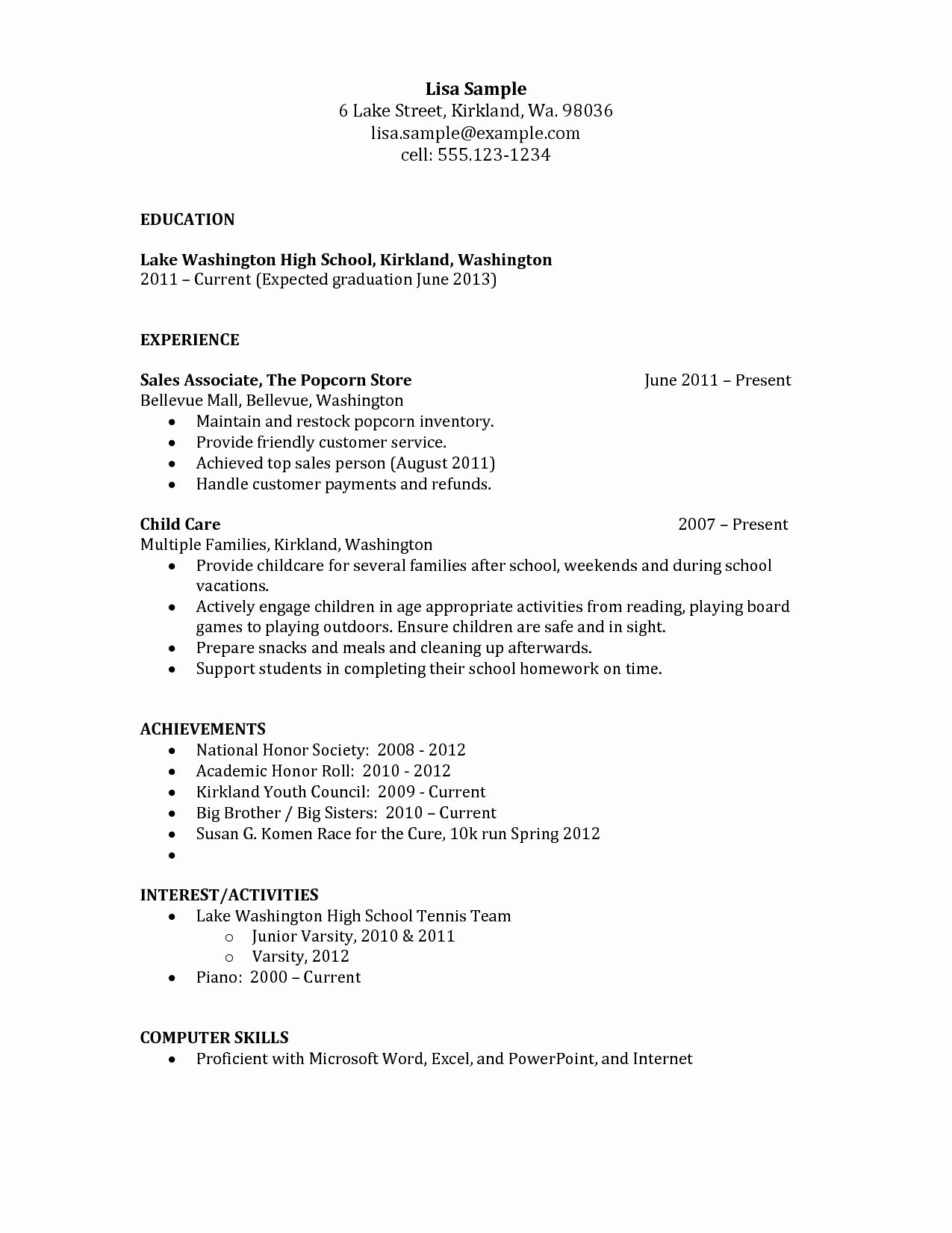 High School Resume with No Work Experience for College