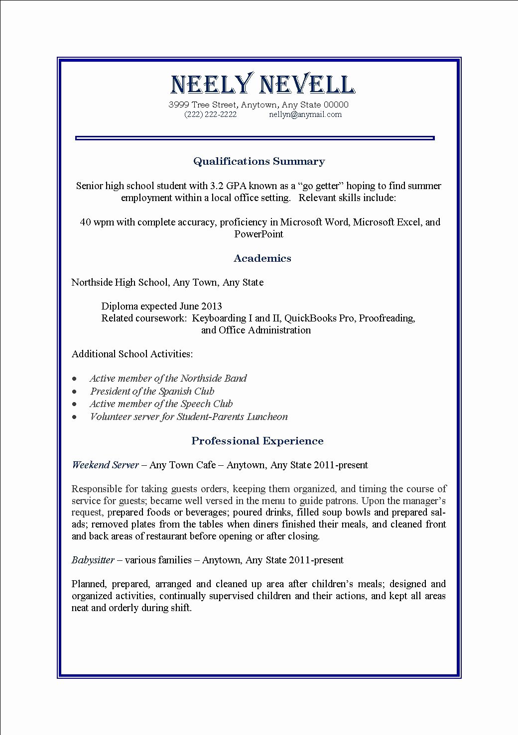 Resume For High School Student First Job Template