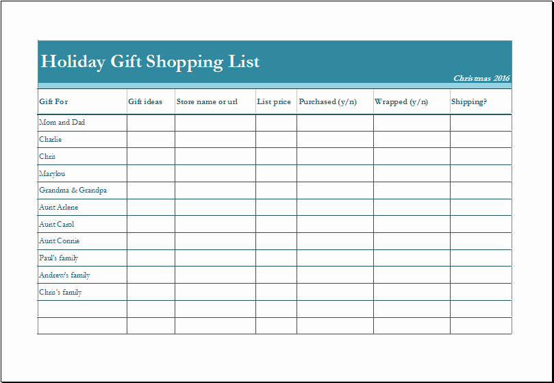 Holiday Gift Shopping List Fully Customizable Template
