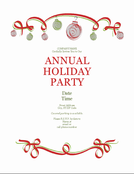Holiday Party Invitation with ornaments and Red Ribbon