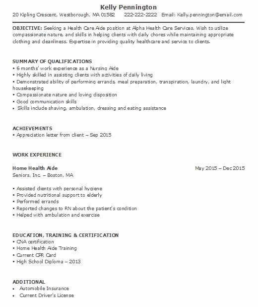 Home Health Aide Resume Sample Less Experience Home