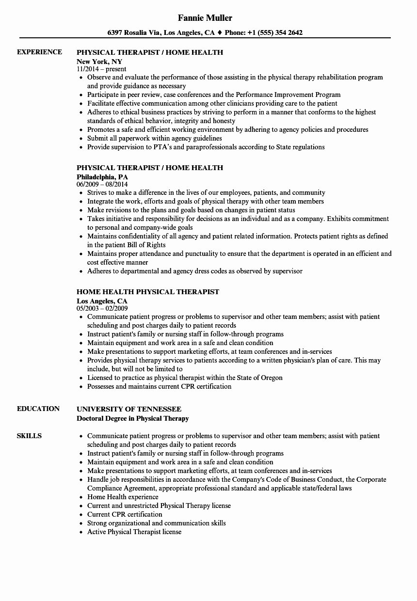 Home Health Physical therapist Resume Samples