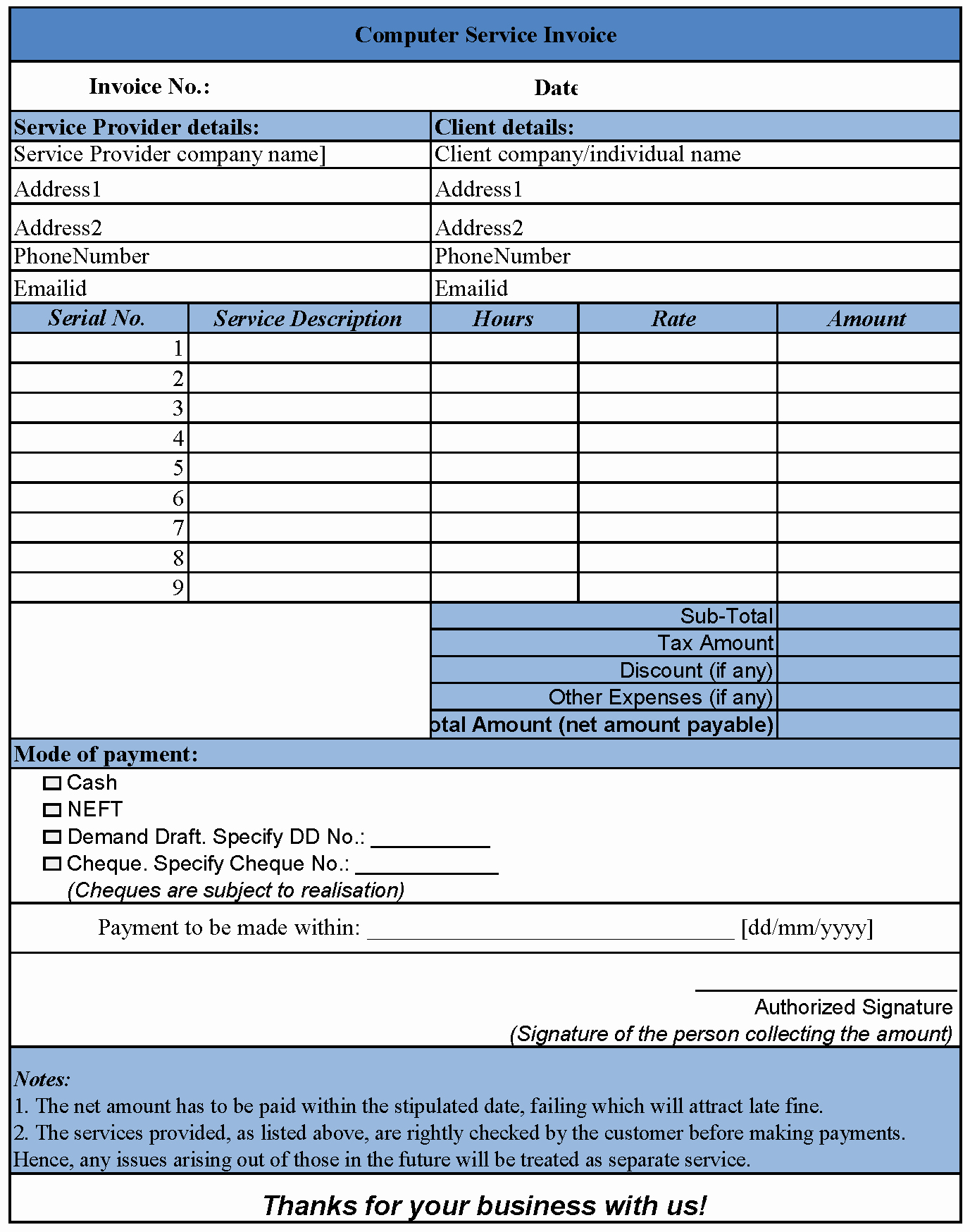 Home Repair Invoice Editable Download