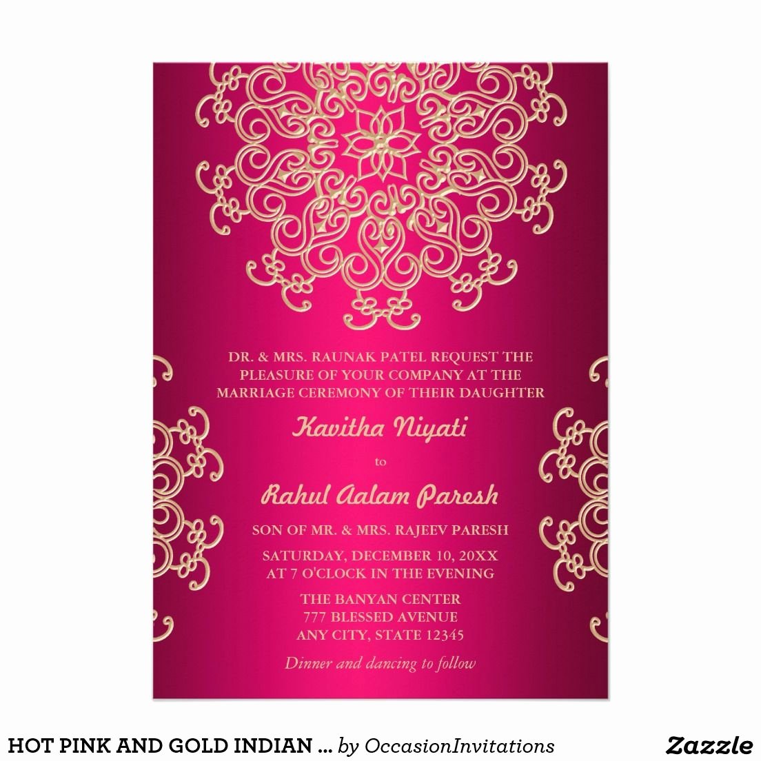 Hot Pink and Gold Indian Style Wedding Invitation