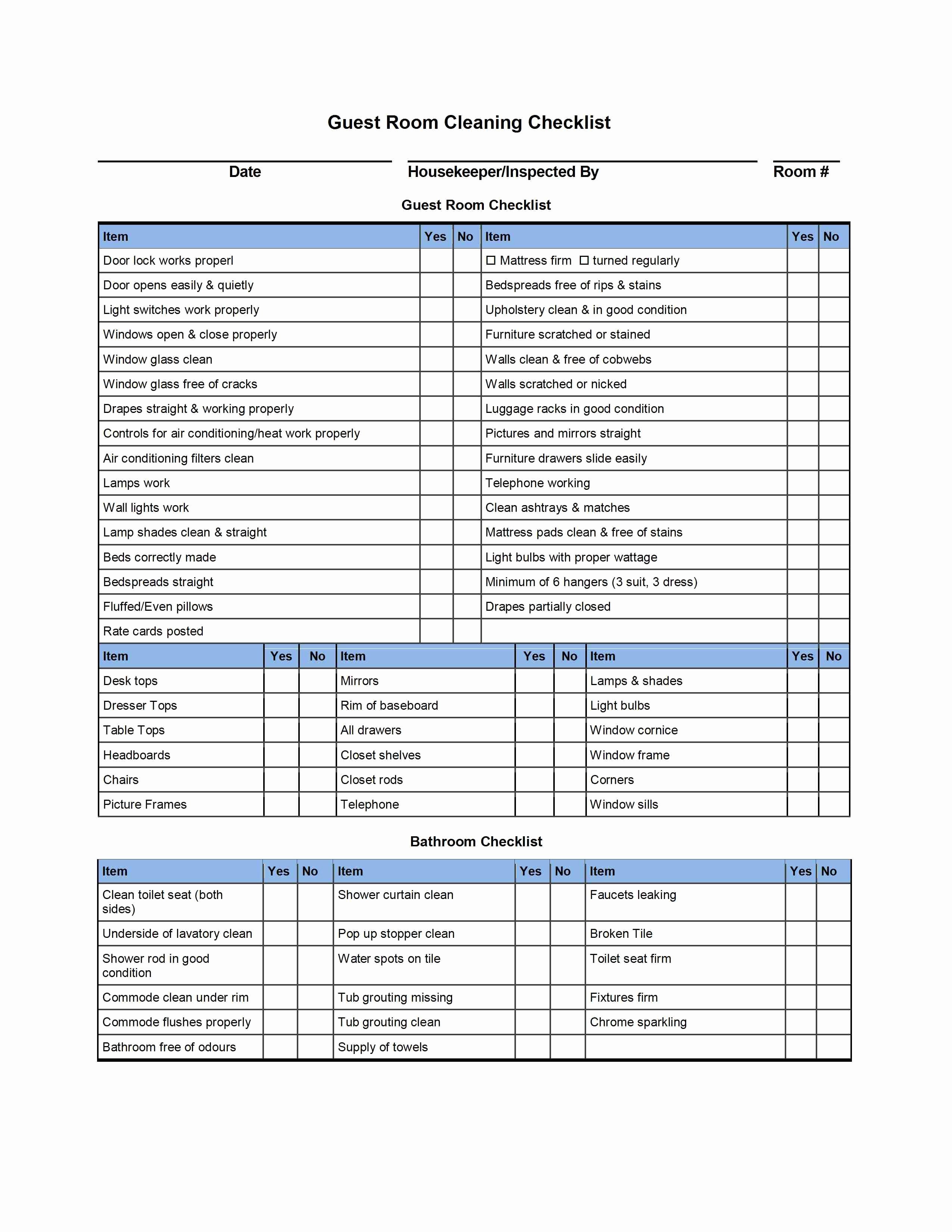 Hotel Room Cleaning Checklist Templates External House