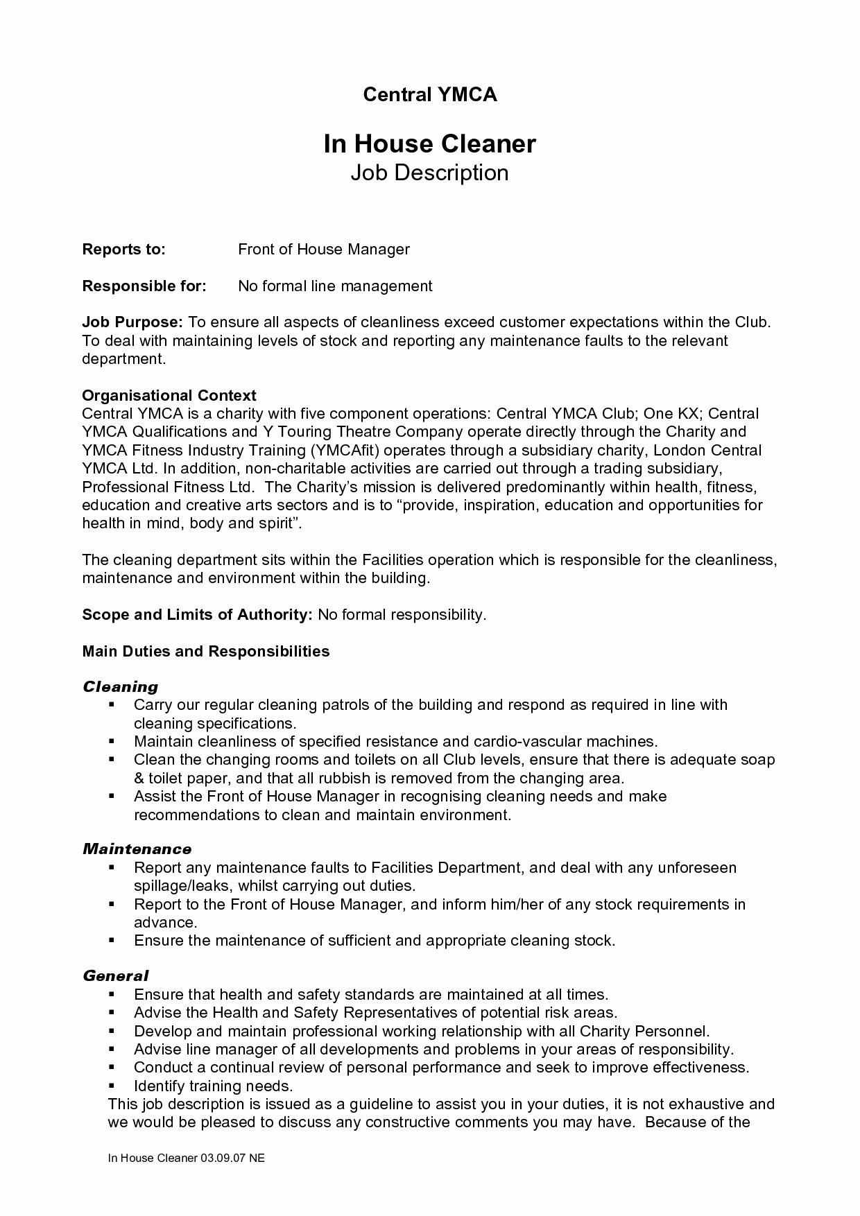 Cleaner Job Description for Resume Latter Example Template