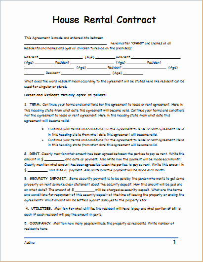 House Rental Contract Template for Word