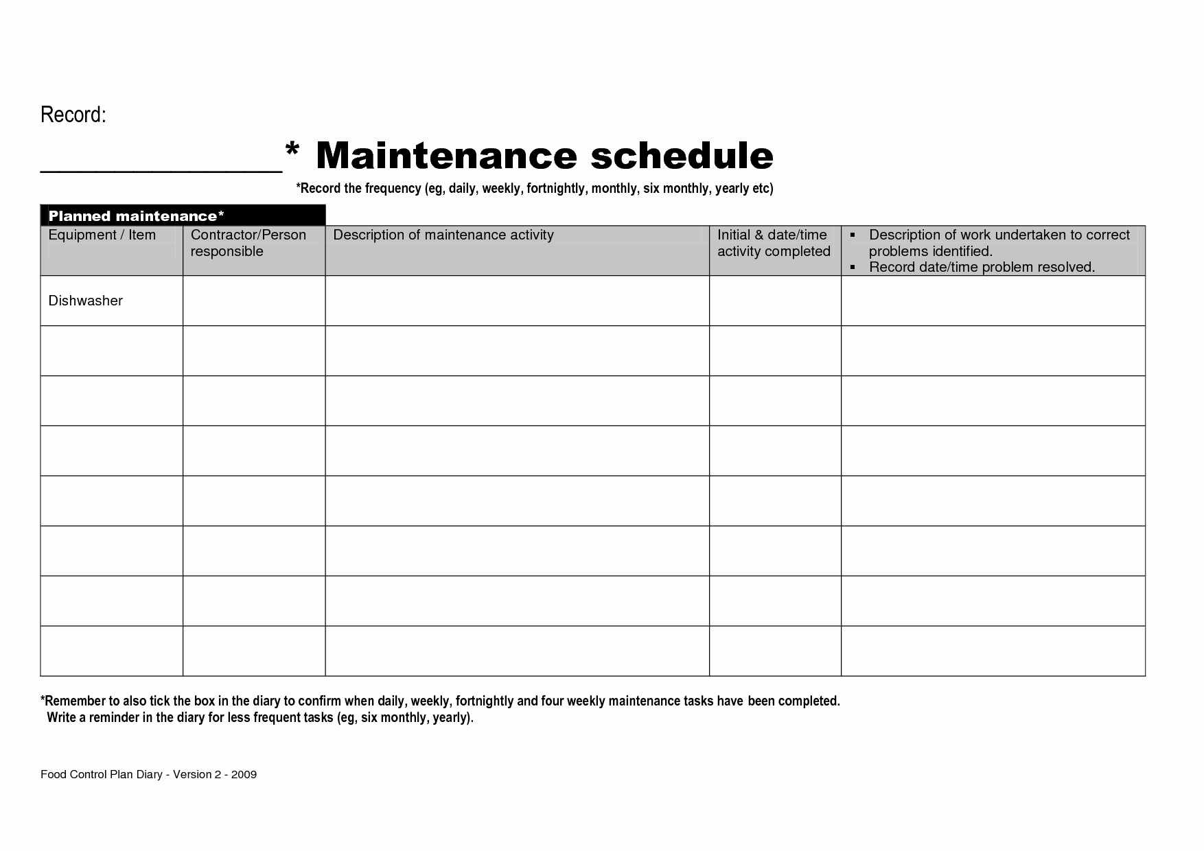 Household Equipment Preventive Maintenance Template and