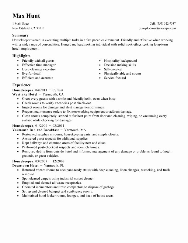 housekeeper resume sample