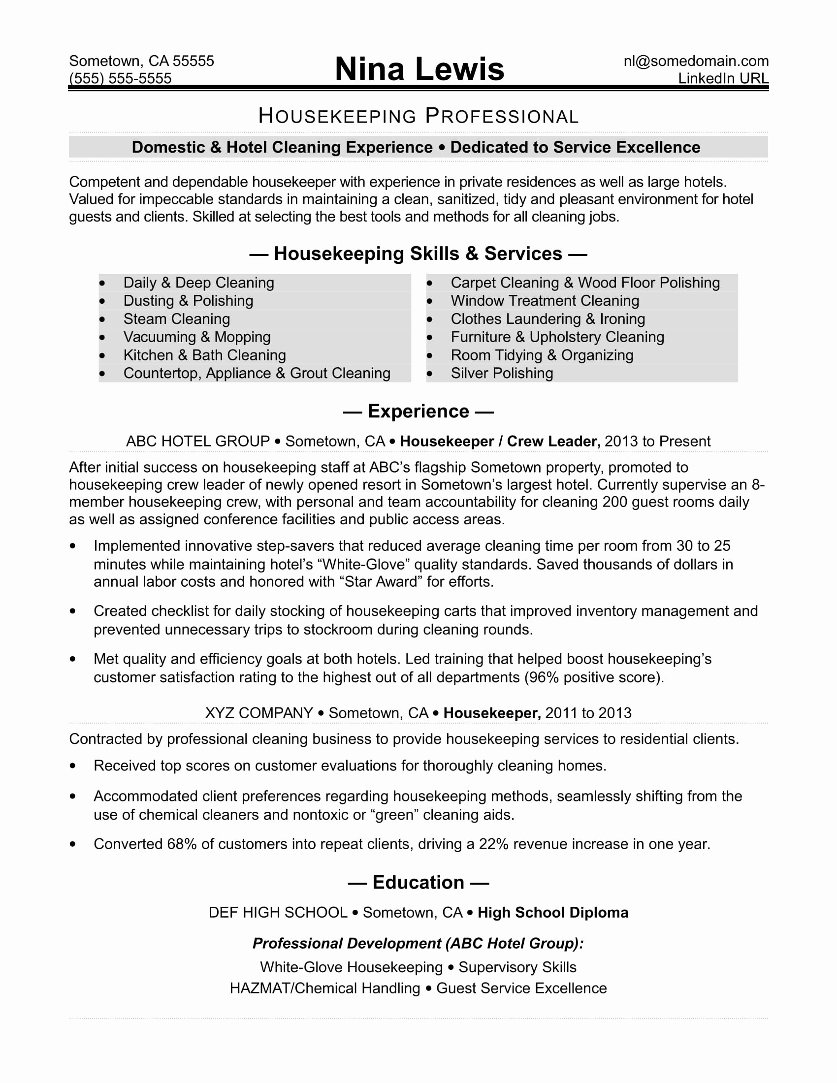 Housekeeping Resume Sample