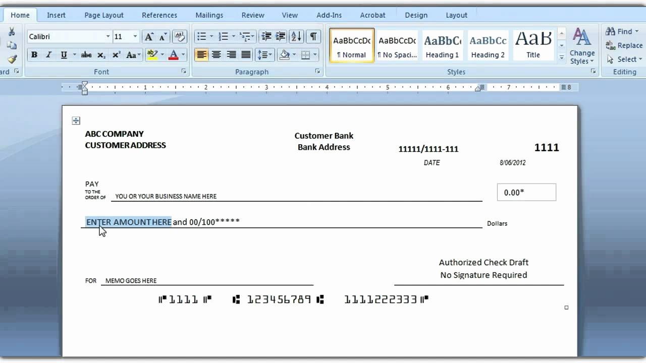How to Print A Check Draft Template