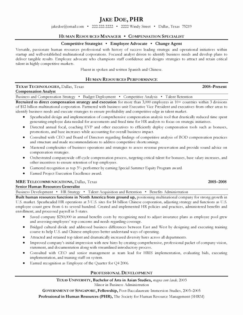 Hr Manager and Pensation Specialist Resume