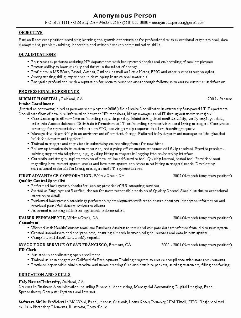 Hr Resume Example Sample Human Resources Resumes