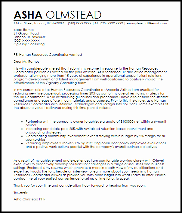 Human Resources Coordinator Cover Letter Sample