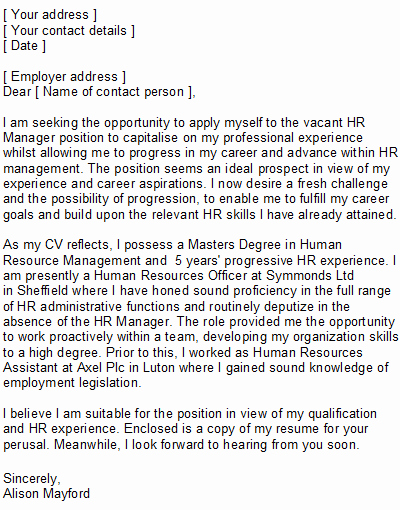 Human Resources Covering Letter Sample