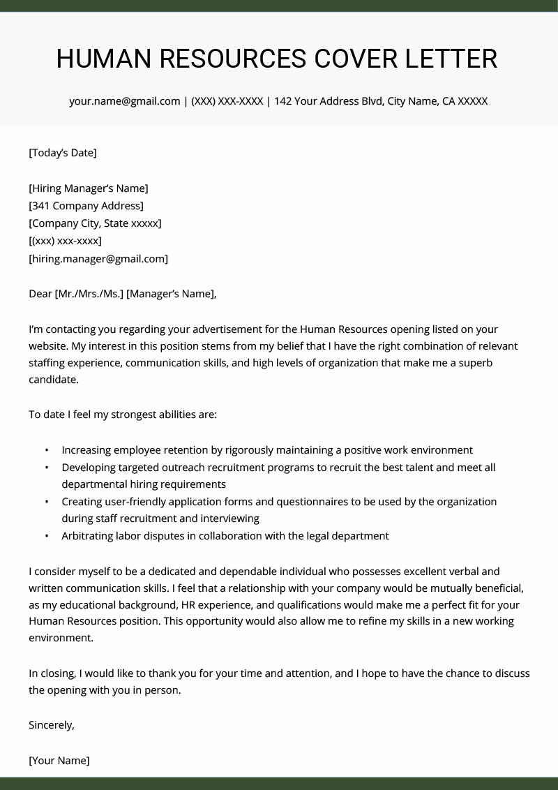 Human Resources Hr Cover Letter Example