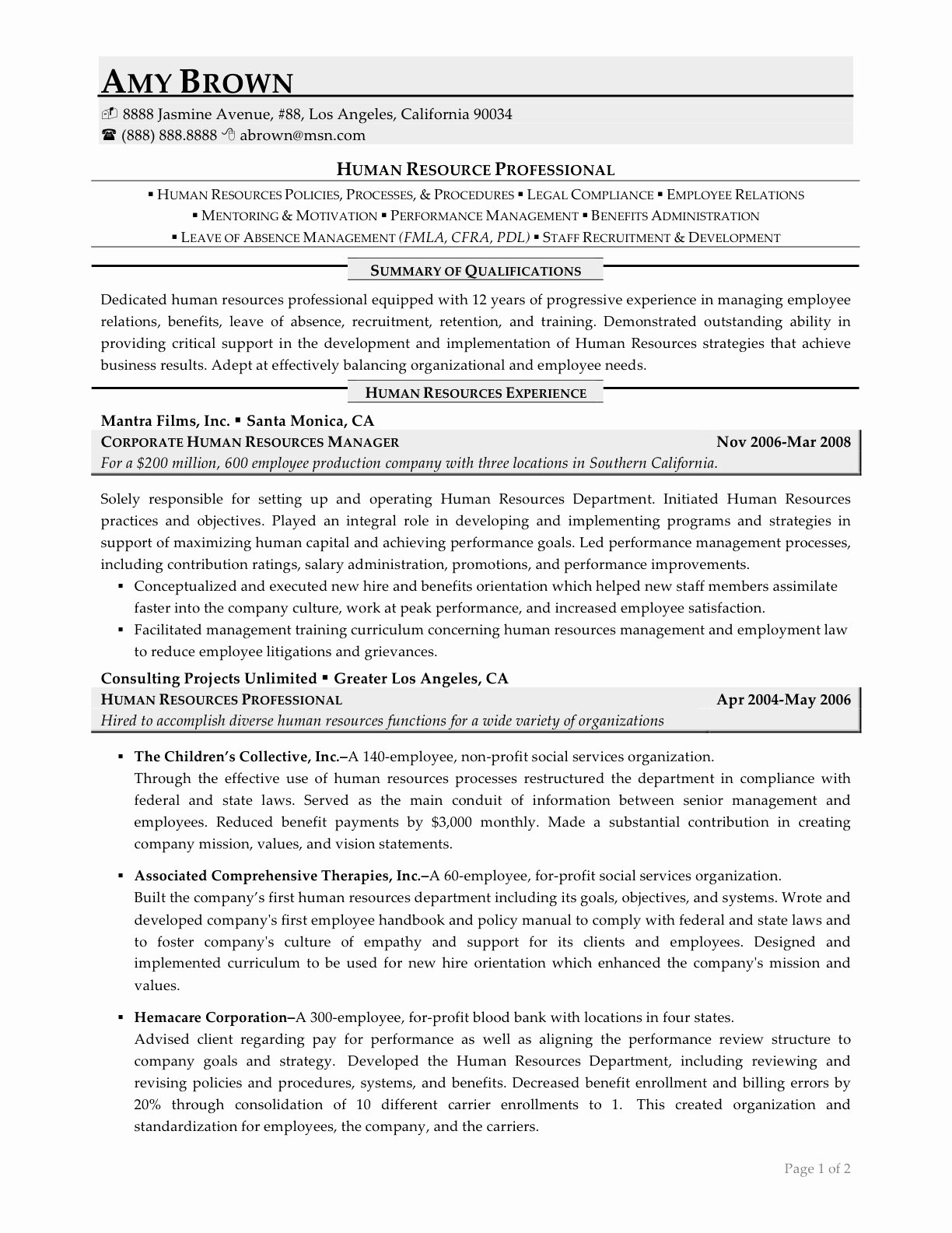 Human Resources Resume Examples Resume Professional Writers