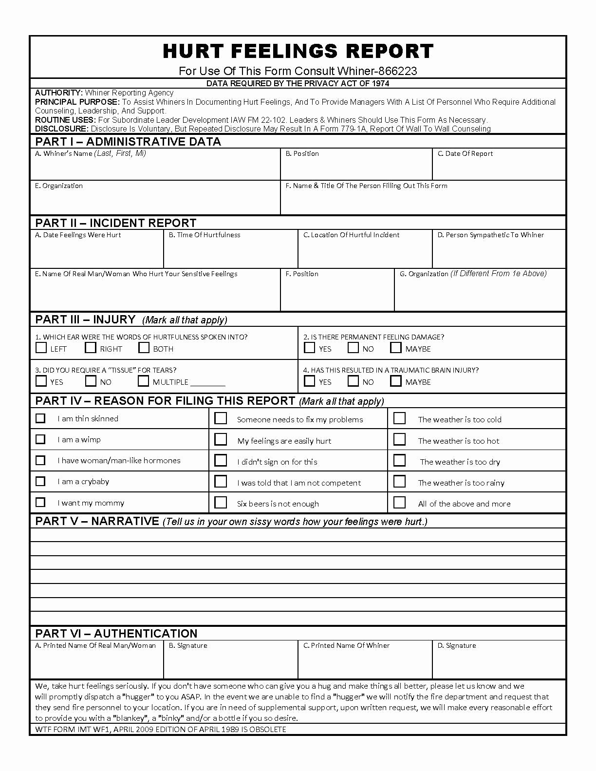 Hurt Feelings Report Form Printable Work