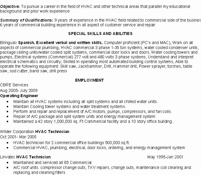 Hvac Sample Resume Entry Level