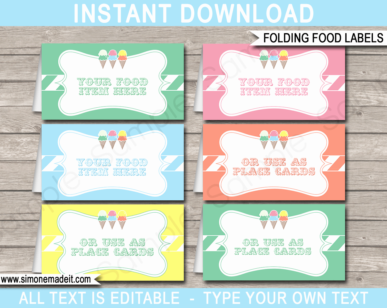 Ice Cream Party Food Labels Place Cards