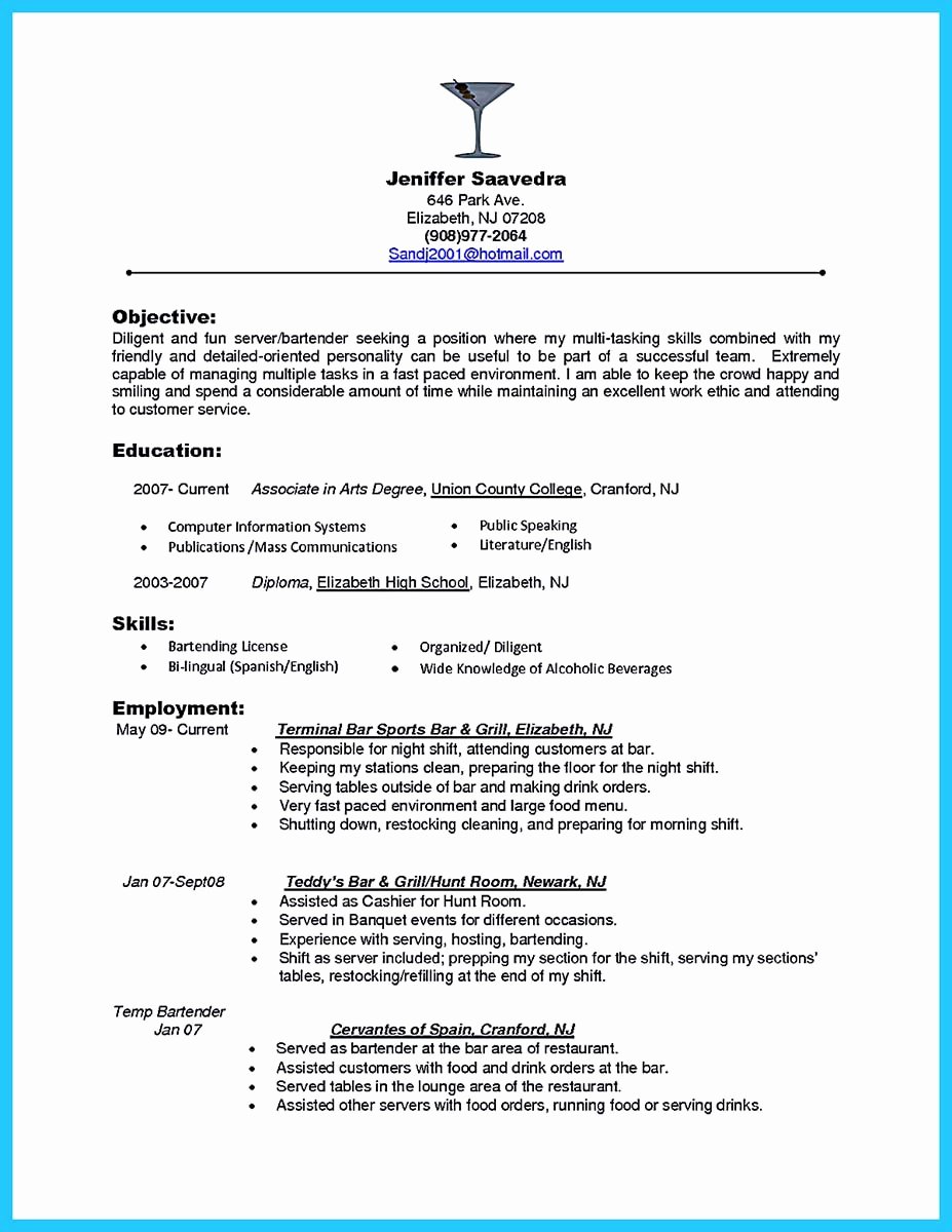 Impressive Bartender Resume Sample that Brings You to A