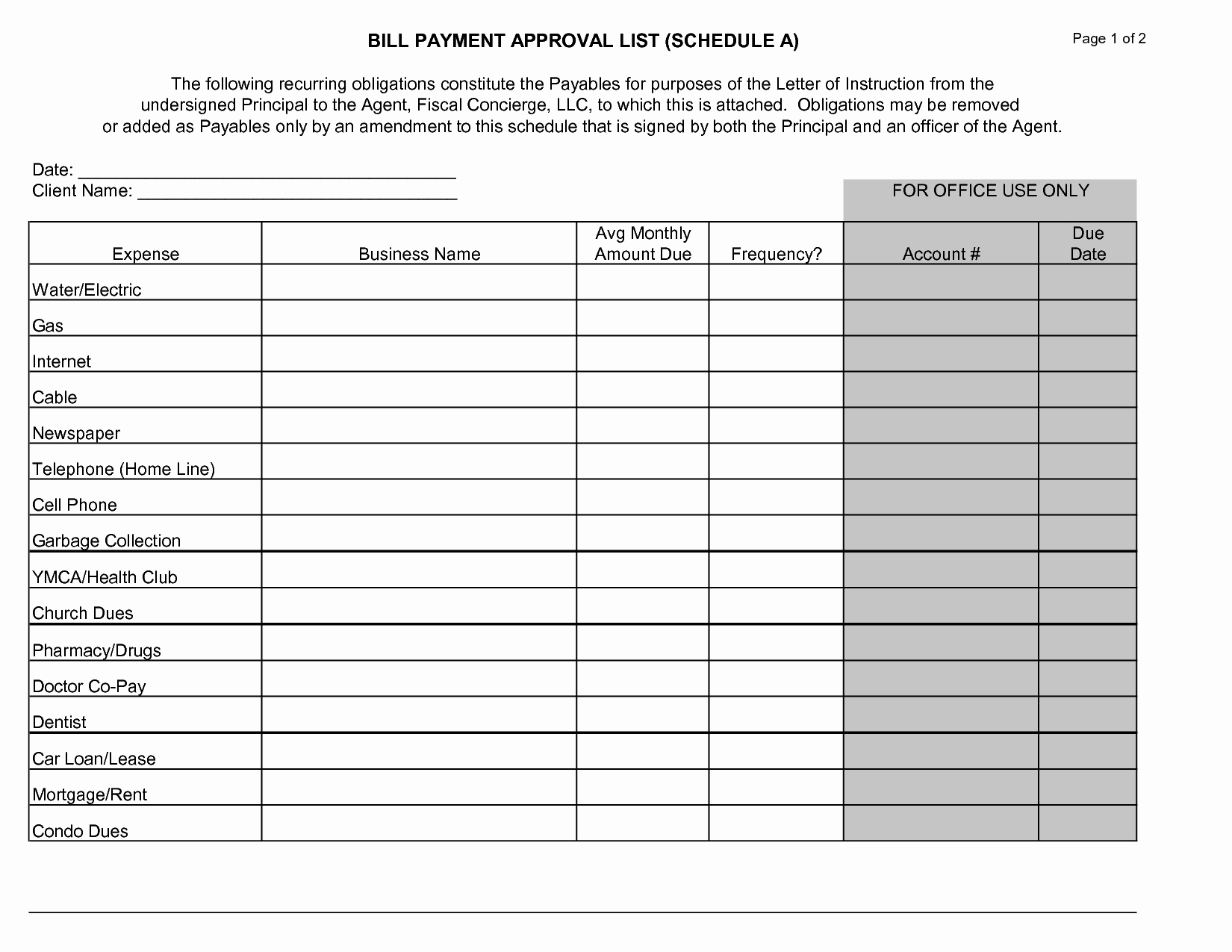Impressive Monthly Bill Payment Schedule Template for