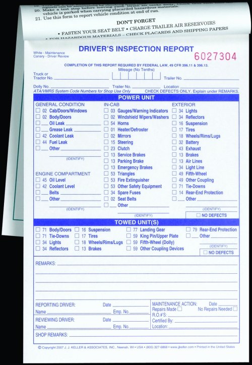 Imprinted Detailed Driver Vehicle Inspection Report 3 Ply