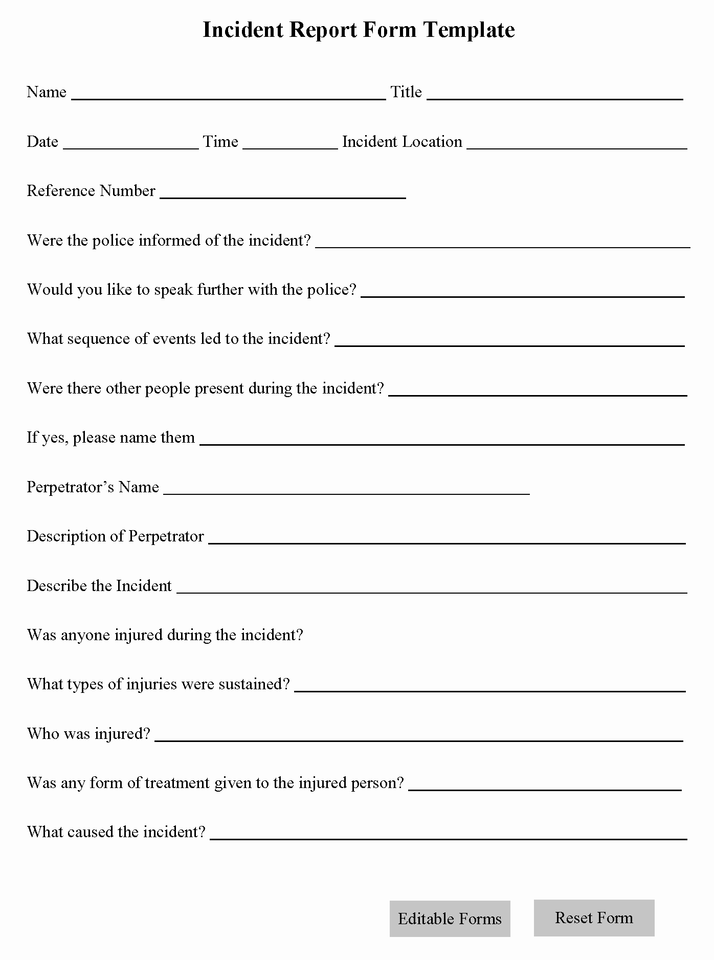 Incident Report form Template