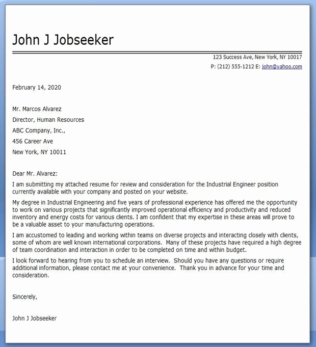 Industrial Engineer Cover Letter Examples