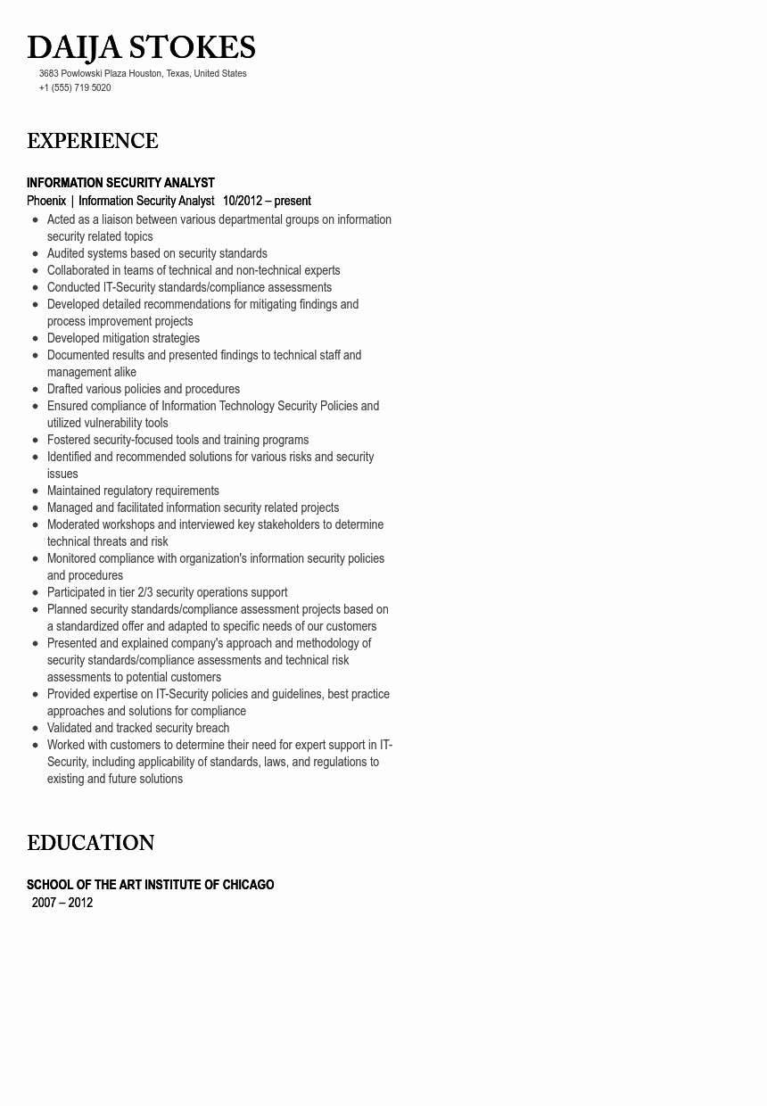 information security analyst resume sample