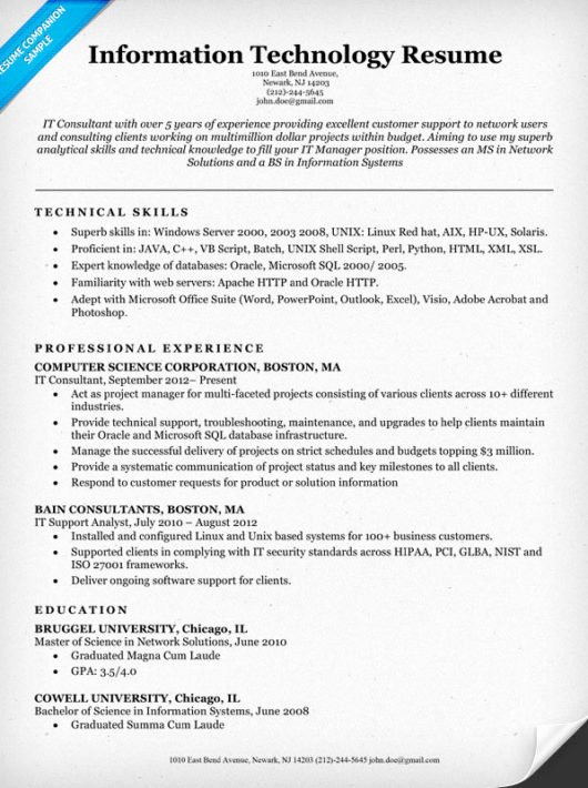 information technology it resume sample