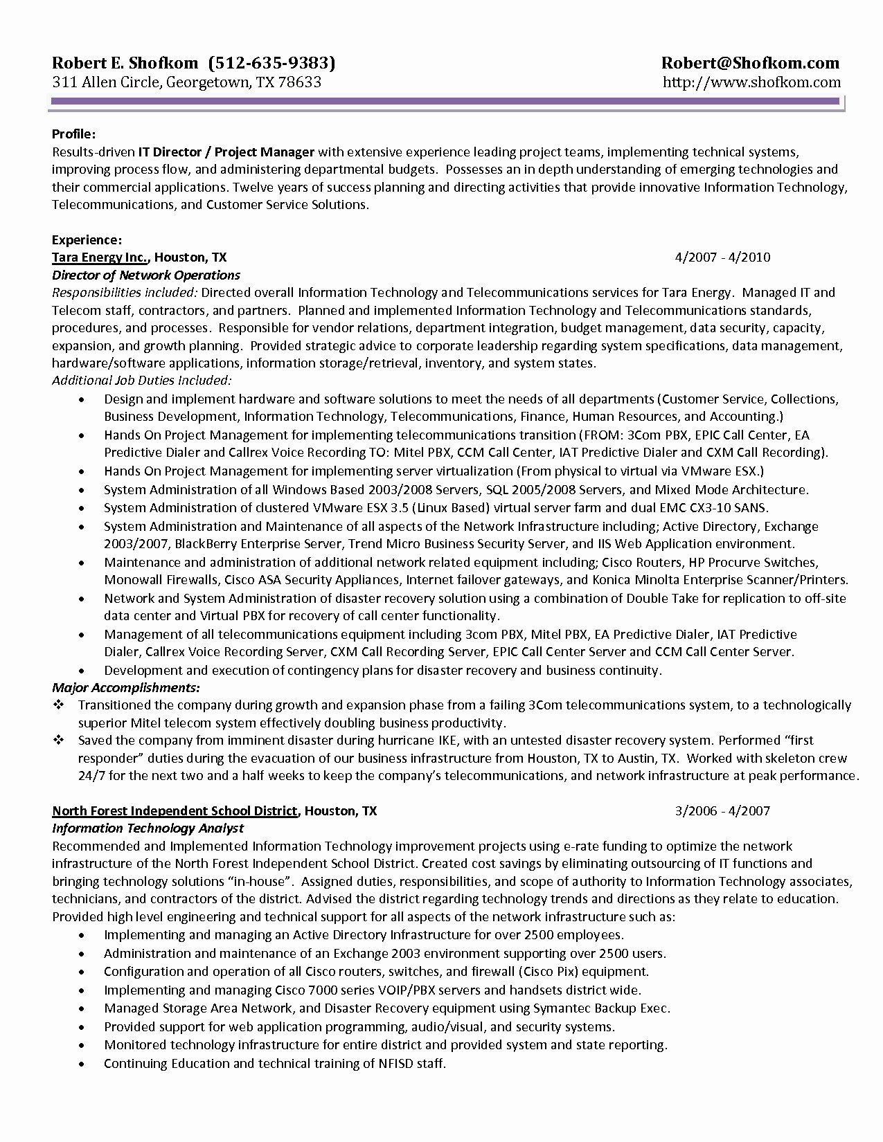 Information Technology Manager Resume