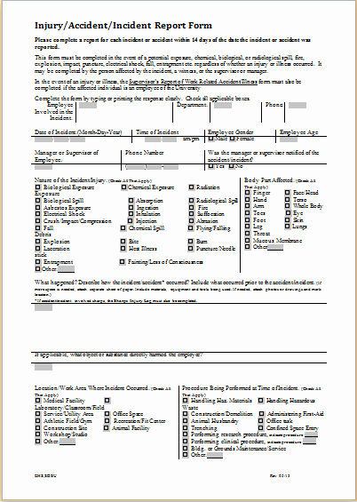Injury Hospital &amp; Hotel Incident Report forms